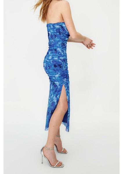 Moda Fit Mezuniyet Balo Tül Örme Carmen Yaka Tek Kol Kol Bodycone Midi Boy Elbise