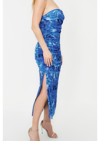 Moda Fit Mezuniyet Balo Tül Örme Carmen Yaka Tek Kol Kol Bodycone Midi Boy Elbise