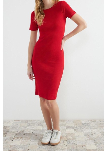 Moda Slim Casual Günlük Rejenere Kaşkorse Örme Bisiklet Yaka Kısa Kol Bodycone Midi Boy Elbise