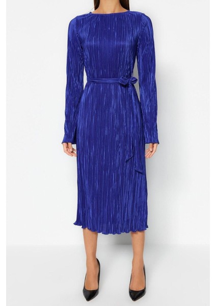 Regular Gündüz Gece Pilise Örme Kayık Yaka Uzun Kol A-Line Midi Boy Elbise