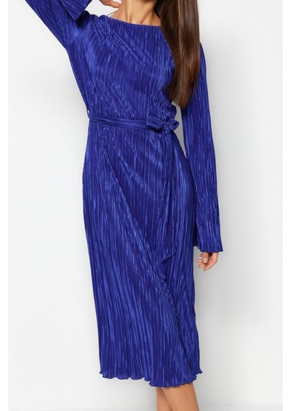 Regular Gündüz Gece Pilise Örme Kayık Yaka Uzun Kol A-Line Midi Boy Elbise fiyatları