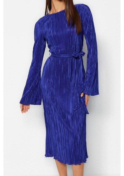 Regular Gündüz Gece Pilise Örme Kayık Yaka Uzun Kol A-Line Midi Boy Elbise modelleri