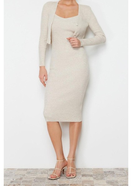 Moda Slim Casual Günlük Fitilli Triko V Yaka Uzun Kol Bodycone Midi Boy Elbise