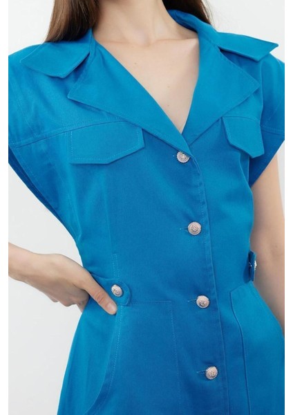 Moda Regular Gündüz Gece Gabardin Dokuma Ceket Yaka Kısa Kol Ceket Elbise Mini Boy Elbise