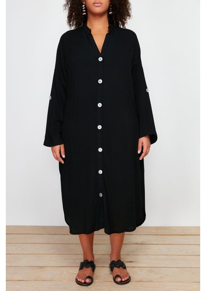 Rahat Plaj Günlük Shally Dokuma V Yaka Uzun Kol Gömlek Elbise Maxi Boy Büyük Beden Elbise