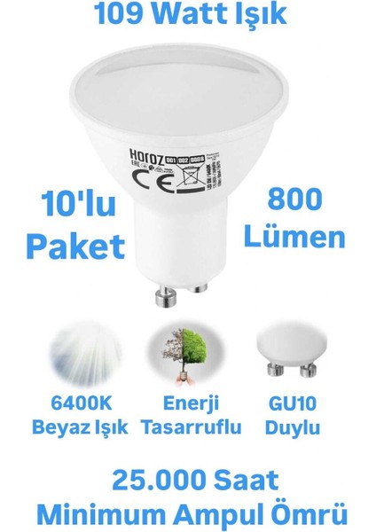 Horoz 10W GU10 LED Ampul Beyaz Işık 800 Lümen Çanak Spot Ampul