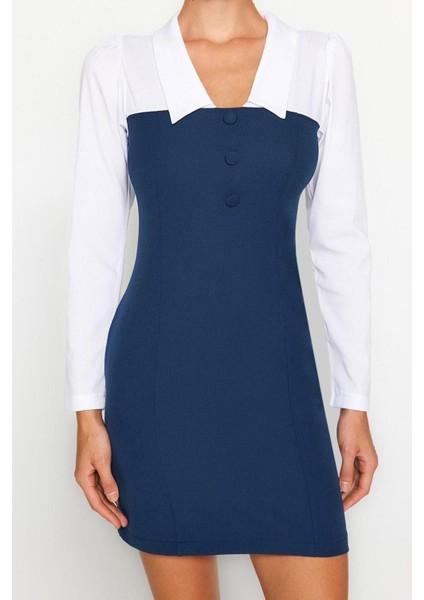 Moda Fit Business Finike Dokuma Gömlek Yaka Uzun Kol Bodycone Mini Elbise