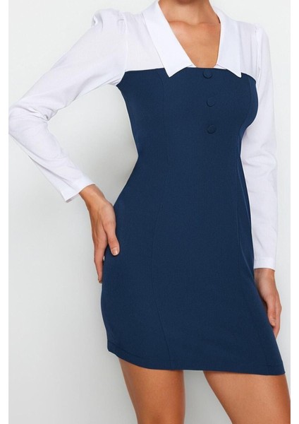 Moda Fit Business Finike Dokuma Gömlek Yaka Uzun Kol Bodycone Mini Elbise modelleri