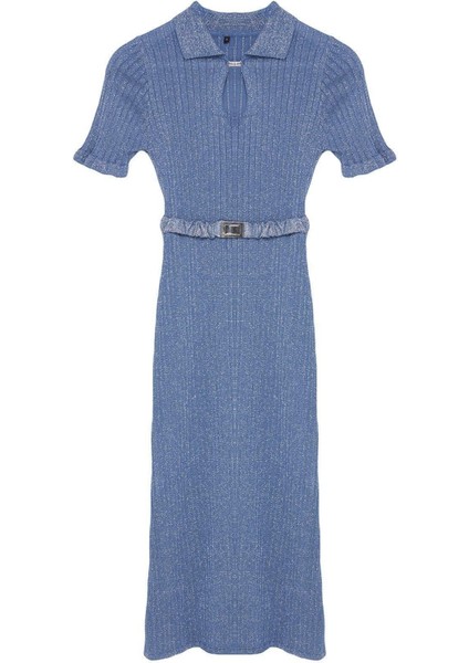 Moda Regular Şık Abiye Gece Fitilli Triko Polo Yaka Kısa Kol Shift Midi Boy Elbise