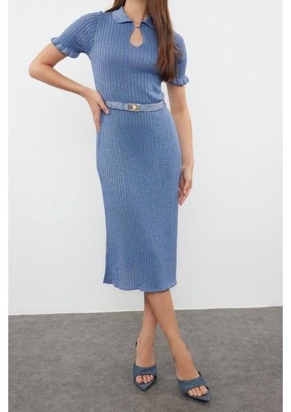 Moda Regular Şık Abiye Gece Fitilli Triko Polo Yaka Kısa Kol Shift Midi Boy Elbise fiyatları