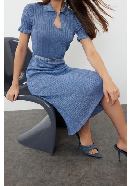 Moda Regular Şık Abiye Gece Fitilli Triko Polo Yaka Kısa Kol Shift Midi Boy Elbise modelleri