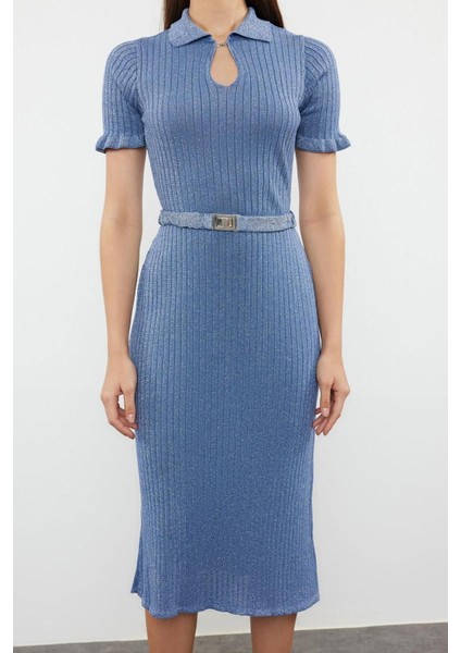 Moda Regular Şık Abiye Gece Fitilli Triko Polo Yaka Kısa Kol Shift Midi Boy Elbise fırsatları