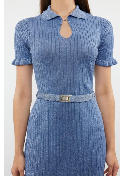 Moda Regular Şık Abiye Gece Fitilli Triko Polo Yaka Kısa Kol Shift Midi Boy Elbise indirimleri