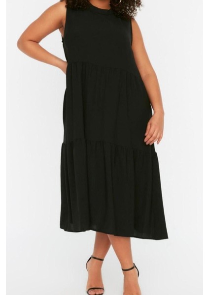 Rahat Casual Günlük Aerobin Dokuma Bisiklet Yaka Kolsuz Kol Smock Maxi Boy Büyük Beden Elbise fiyatları