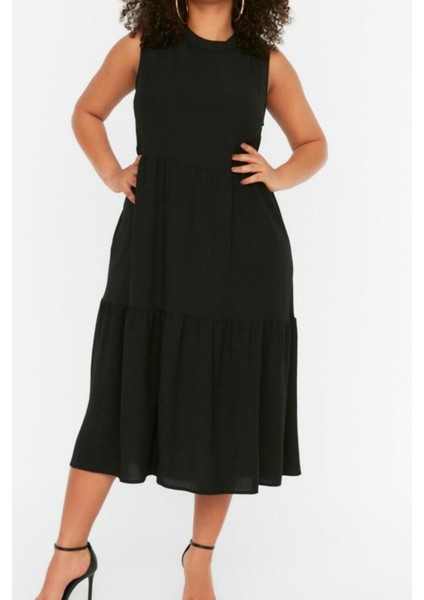 Rahat Casual Günlük Aerobin Dokuma Bisiklet Yaka Kolsuz Kol Smock Maxi Boy Büyük Beden Elbise fırsatları