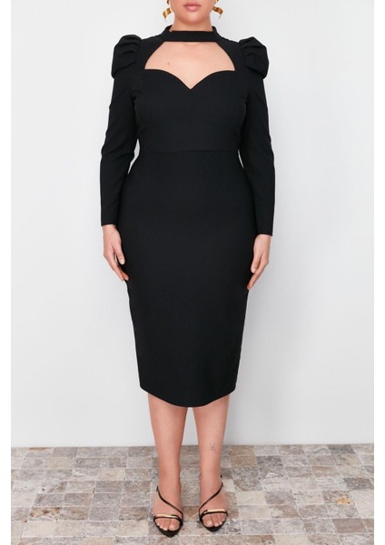 Fit Kokteyl Finike Dokuma Dik Yaka Uzun Kol Anvelop Midi Boy Büyük Beden Elbise