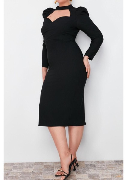 Fit Kokteyl Finike Dokuma Dik Yaka Uzun Kol Anvelop Midi Boy Büyük Beden Elbise fiyatları