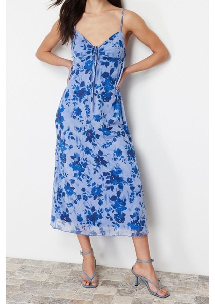 Regular Casual Günlük Tül Örme Kalp Yaka Askılı Kol A-Line Maxi Boy Elbise