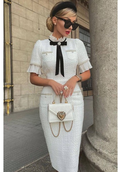 Kadın Kaşe Kumaş Inci ve Broş Detaylı Abiye Elbise NBEMP2051