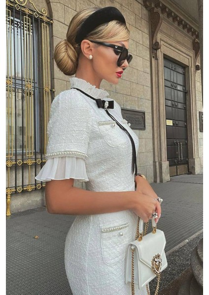 Kadın Kaşe Kumaş Inci ve Broş Detaylı Abiye Elbise NBEMP2051 fiyatları