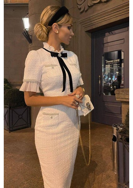 Kadın Kaşe Kumaş Inci ve Broş Detaylı Abiye Elbise NBEMP2051 modelleri