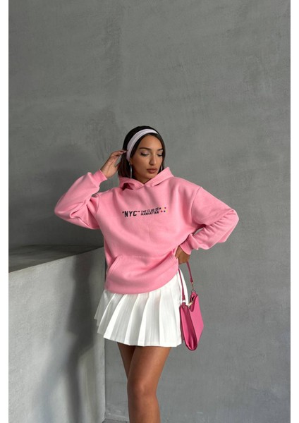 Neşeli Butik Kadın Pembe Baskı Detaylı Kapüşonlu Sweat NBG043