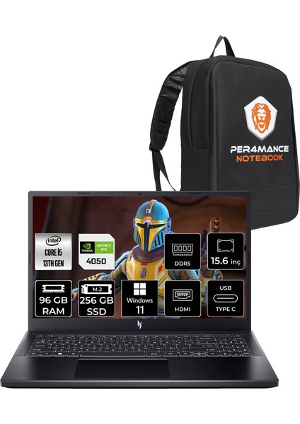 Nitro V 15 Intel Core I5 13420H 96GB 256GB SSD RTX4050/6GB 15.6'' Fhd 144Hz W11H Taşınabilir Bilgisayar & Per4 Çanta NHQNBEY004P376