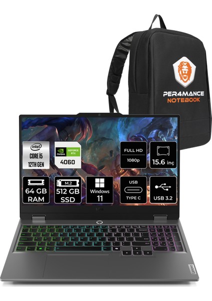 Loq Intel Core I5 12450HX 64GB 512GB SSD RTX4060/8GB 105W 15.6" Fhd 144Hz W11H Taşınabilir Bilgisayar & Per4 Çanta 83GS007XTRP372