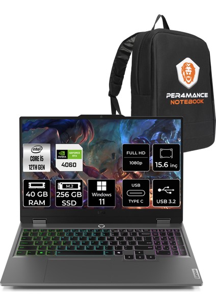 Loq Intel Core I5 12450HX 40GB 256GB SSD RTX4060/8GB 105W 15.6" Fhd 144Hz W11P Taşınabilir Bilgisayar & Per4 Çanta 83GS007XTRP401