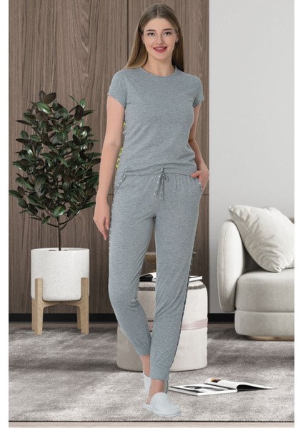 Mecit 5624 Ekru Çizgili Gri Kadın Spor Pijama Takımı