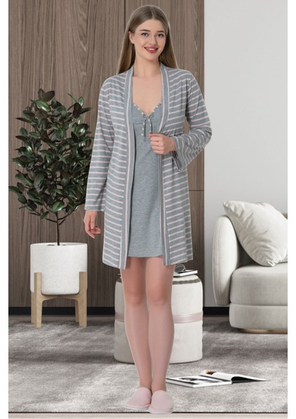 Mecit 5625 Pembe Çizgili Gri Kadın Sabahlık Gecelik Takım