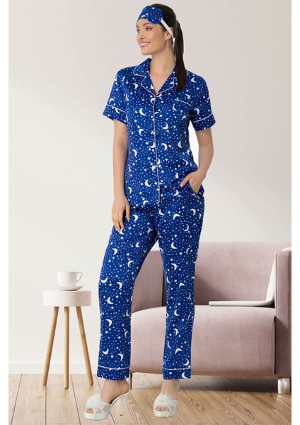 Mecit 5473 Lacivert Önden Düğmeli Saten Pijama Takımı