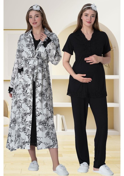 Mecit 6064 Siyah Desenli Sabahlıklı Gecelik Pijama Lohusa Set