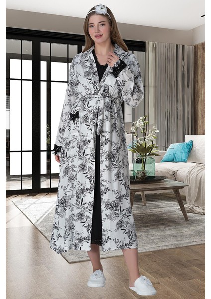Mecit 6064 Siyah Desenli Sabahlıklı Gecelik Pijama Lohusa Set