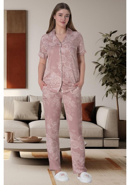 Mecit 6014 Pudra Çiçek Desenli Boydan Düğmeli Kadın Pijama Takımı