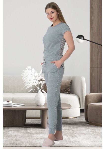 Mecit 5624 Pembe Çizgili Gri Kadın Pijama Takımı