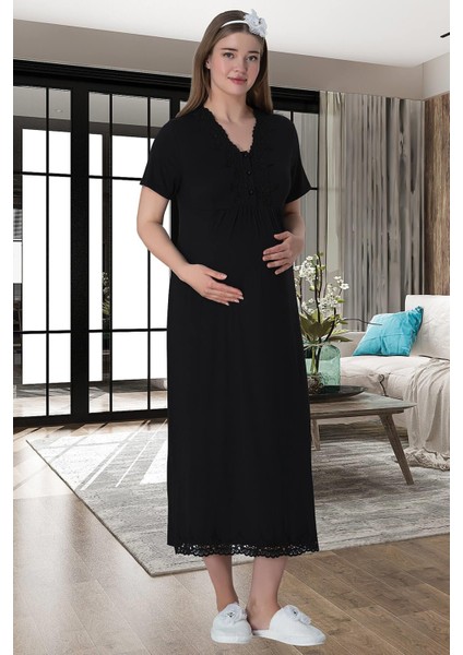 Mecit 6064 Siyah Desenli Sabahlıklı Gecelik Pijama Lohusa Set