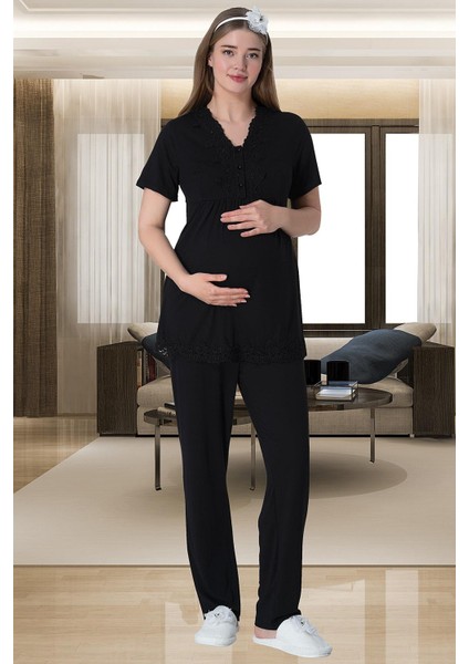 Mecit 6064 Siyah Desenli Sabahlıklı Gecelik Pijama Lohusa Set
