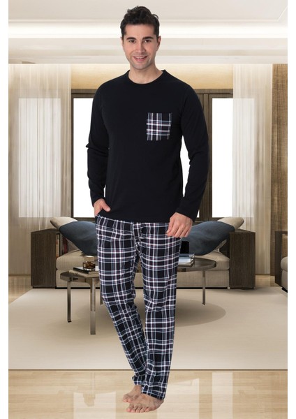 Mecit 2903 Lacivert Ekoseli Pamuk Erkek Pijama Takımı