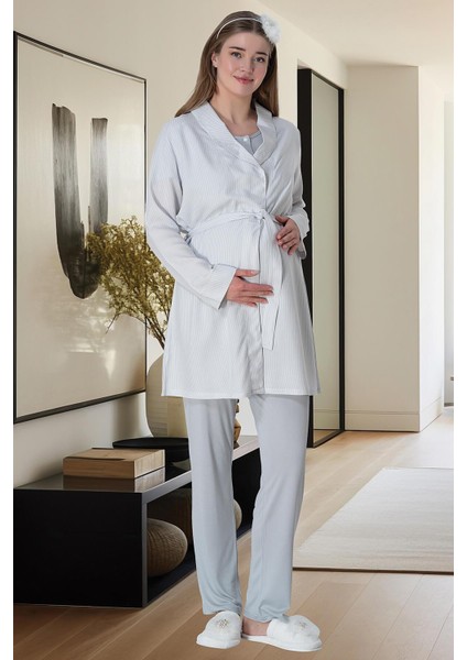 Mecit 6001 Gri Çizgili Sabahlıklı Lohusa Pijama Takımı