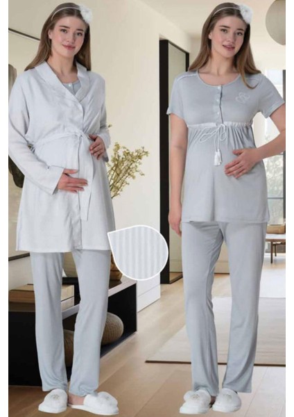 Mecit 6001 Gri Çizgili Sabahlıklı Lohusa Pijama Takımı modelleri