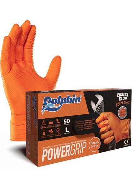 Powergrip Ekstra Kalın Turuncu Nitril Eldiven Elmas Dokulu L 50 Adet