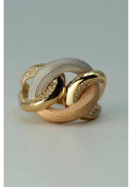 14 Ayar Altın Üç Renkli Taşlı Fantazii Yüzük