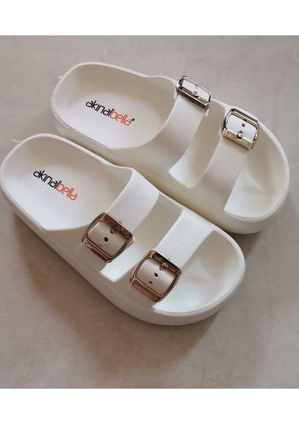 Akınal Bella Çift Tokalı Günlük Terlik Beyaz Ortopedik Kadın