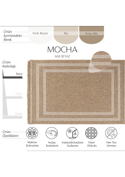 Mocha 668 Beyaz Halı Kilim Mutfak Koridor Yolluk Jüt Hasır Görünüm Dokuma Makine Halı