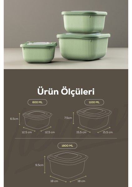 3lü Mikrodalga ve Difrize Uygun Vip Kapaklı Özel Saklama Kabı Seti Yeşil fiyatları