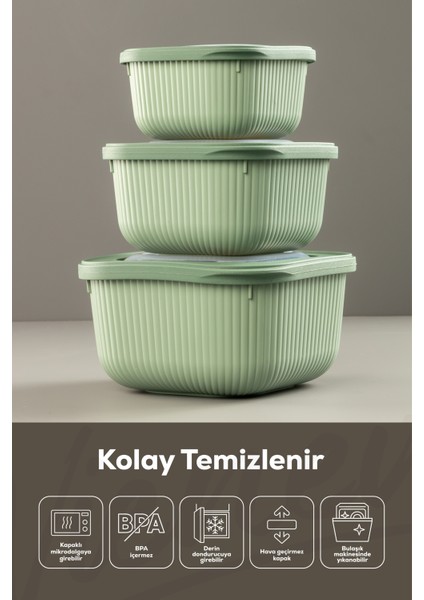3lü Mikrodalga ve Difrize Uygun Vip Kapaklı Özel Saklama Kabı Seti Yeşil modelleri