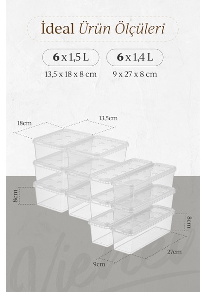 12LI 6x(1,5-1,4 Lt) Block Buzdolabı ve Derin Dondurucu Sızdırmaz Saklama Kabı Şeffaf