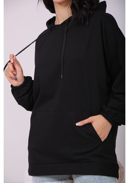 Kadın Kapüşonlu Kargo Cepli Oversize Sweat