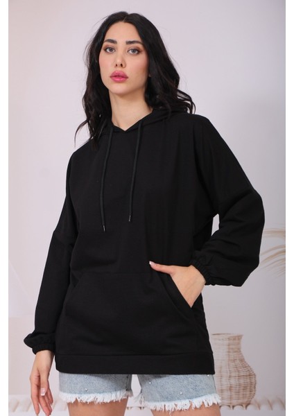 Kadın Kapüşonlu Kargo Cepli Oversize Sweat